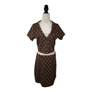 New 2 Piece Womens Lrg Crop Button Up Abstract Print & Skirt w/ZIP Brown Beige